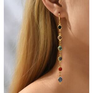Goldtone Multicolor Faux Gemstone Dangle Drop Earrings Bezel Set